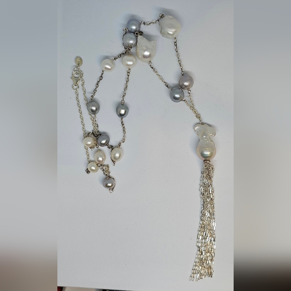 Silver and White Necklace with Pearl Beads and Clear Crystals